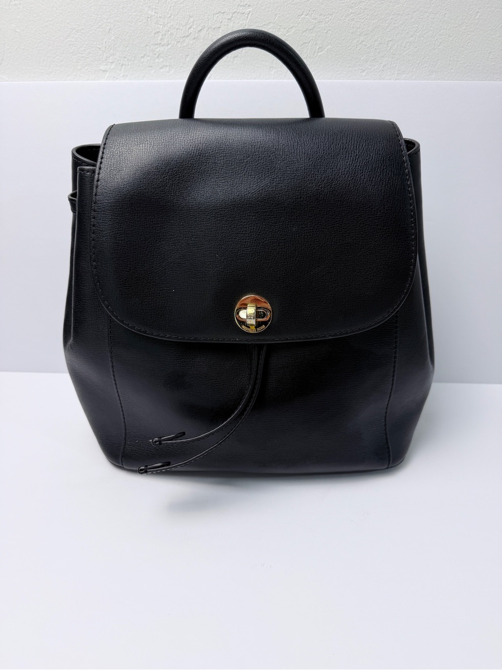 Michael Kors Black Leather Backpack Purse Gold Tone Convertible Drawstring